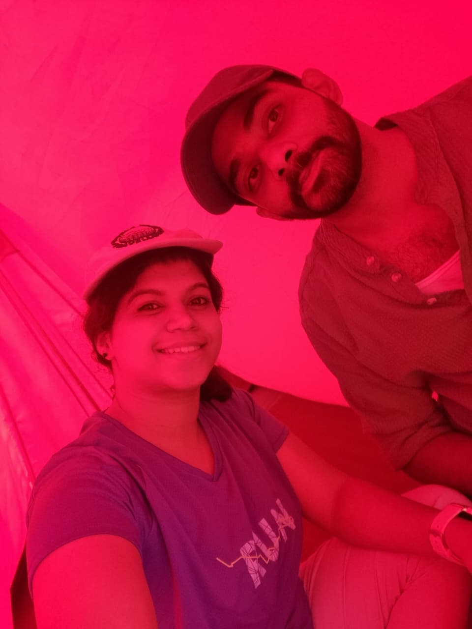 Arjun and Gayathri inside a tent at Meeshappulimala base camp.